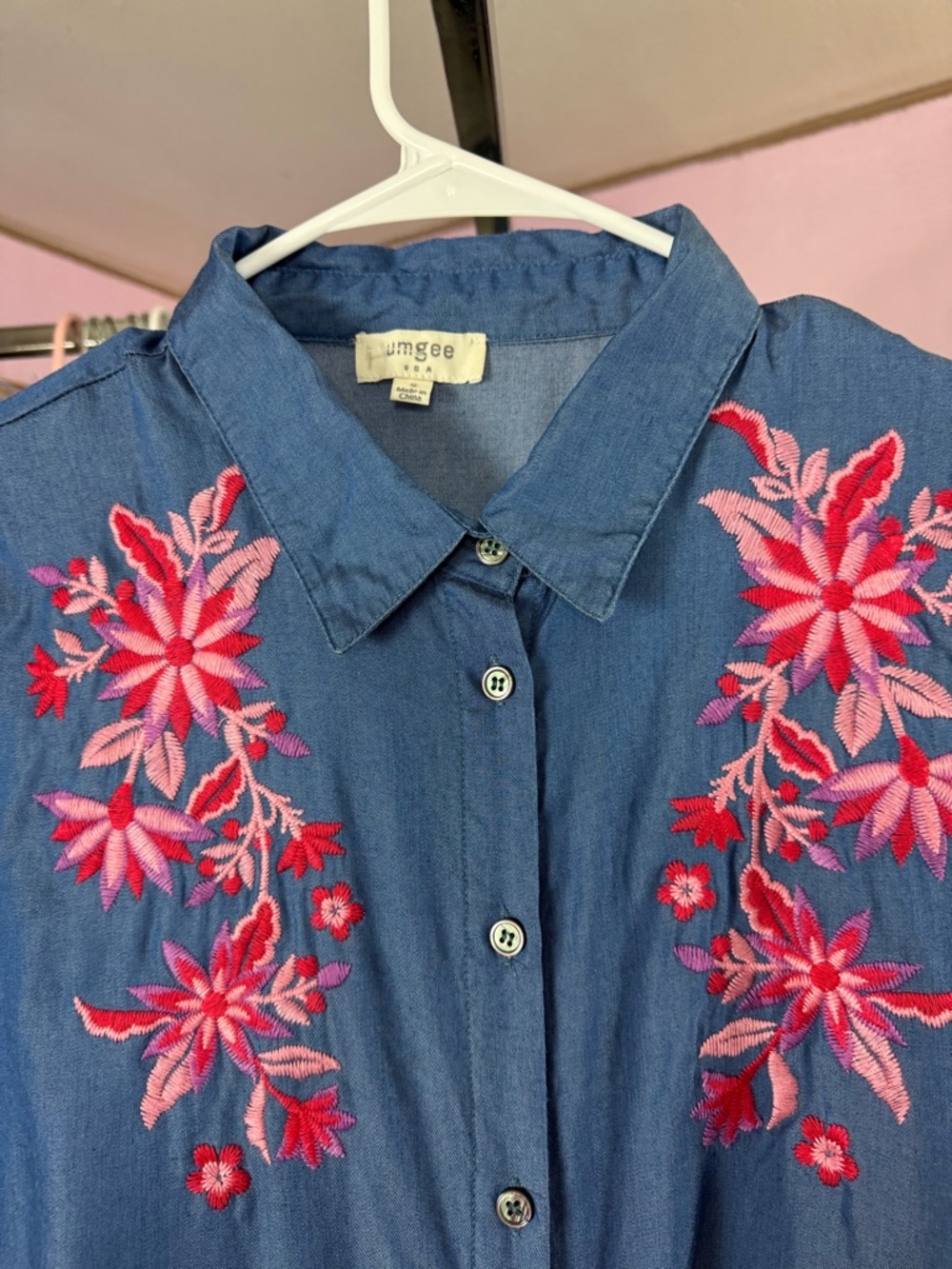 UMGEE Floral Embroidered Tencel Button Down Blouse Bell Sleeve Blue Small - Picture 3 of 5